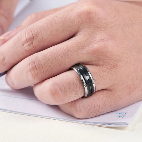 Men's 8mm Tungsten Brushed Black Silver Groove CZ Comfort-Fit Wedding Band